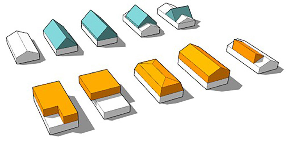 Diagram med ti 3D-skitser af huse, hvor grønne tage viser halvandet plan og gule viser to plan