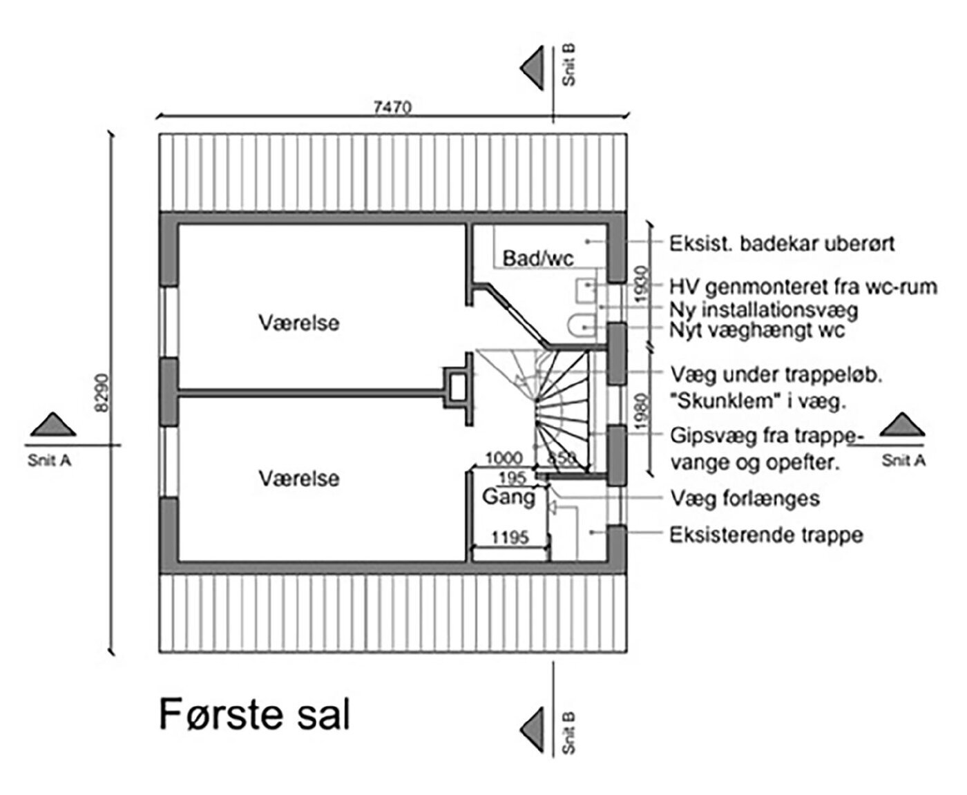 Plantegning af førstesalen med to værelser, bad/wc, gang og den nye spindeltrappe